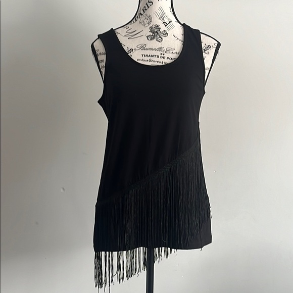 Yest Tops - Yest Black Asymmetrical Fringe Tank Textured Minimal Size Small